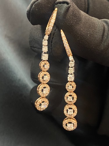 Pave 1.77 Cts Round Brilliant Cut Natural Diamonds Dangle Earrings 14K Rose Gold - Picture 10 of 13