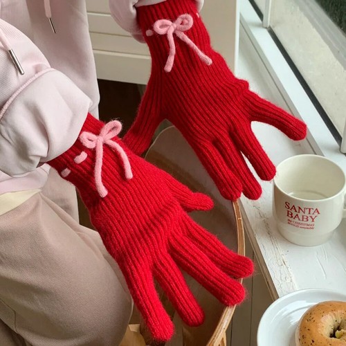 Winter Bow Knitted Gloves Thicken Warm Mittens Full Finger Touch Screen Gloves - Picture 5 of 27