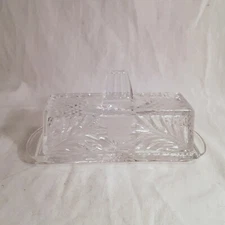 Vintage Pressed Glass Etched Flowers Covered Butter Dish. A95
