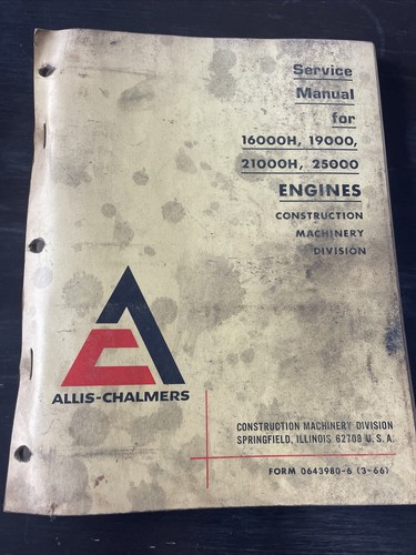 Fiat Allis-Chalmers 16000H 19000 21000H 25000 Engine Service Manual Shop Book - Picture 1 of 6