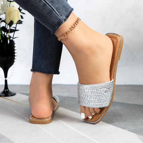 Sandalias deslizables acolchadas esmaltadas banda de cristal plateada planas de verano sin cordones - Imagen 35 de 45