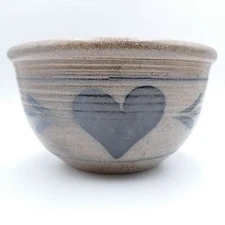 Rowe Pottery Works Large Bowl with Heart Hand Painted Salt Glazed 1985 Vintage
