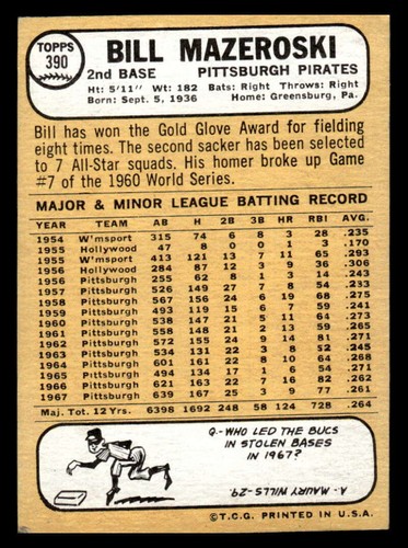 1968 Topps Bill Mazeroski Pittsburgh Pirates 390 VG-EX Y1968 - 第 2/2 張圖片