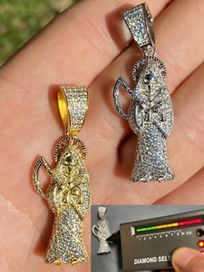 Authentic 925 Silver / Gold Plated Santa Muerte Grim Reaper Death Pendant Real Moissanite8