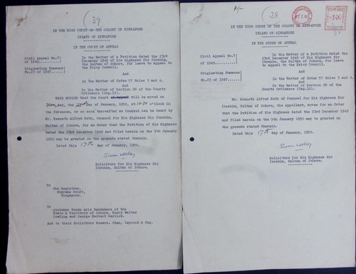 Singapore documents meter revenue 1950 fiscal Ibrahim Sultan of Johore fiscal