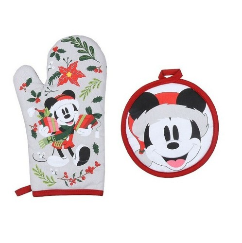 DISNEY MICKEY MOUSE CHRISTMAS HOLIDAY KITCHEN OVEN MITT & POTHOLDER HOT PAD SET - Foto 1 di 5