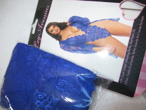 Leg Avenue Floral Lace Teddy Thong Robe Tie Cobalt Blue Small New - Picture 3 of 4