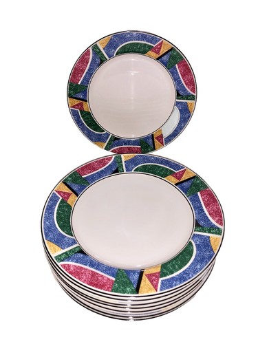 Vintage SANGO Flair #4806 Set of 8 Dinner Plates 10 5/8" Stoneware by Joan Luntz