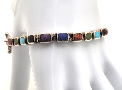 Vintage Southwestern Multi Stone Link Bracelet 925 Sterling Silver 7.5" 5 mm