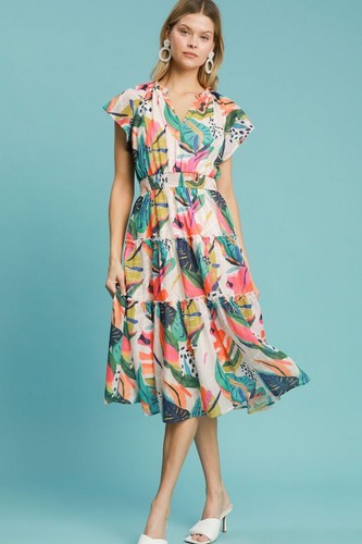 Umgee Leaf Print Cap Sleeve Tiered Midi Dress - Picture 3 of 5