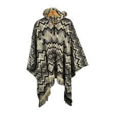 Alpaca Hooded Poncho Wool Blend Unisex Aztec Geometric Boho Hippe Appx XL
