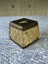 Vintage Heavy Amber Lucite Acrylic Square Tissue Box Holder Hollywood Recency