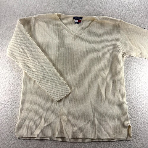 Tommy Hilfiger Suéter Para Hombres Grande Beige Algodón Logo Grueso Tejido Cuello en V Ropa Cálida - Imagen 1 de 8