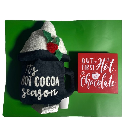 Christmas Red Hot Chocolate Sign 6”x6” & Black Mug Cocoa Plush 9.75”x12” Set - Picture 4 of 8