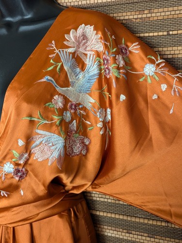 ASOS Sz 14 Orange Satin Wrap Front Kimono Midi Dress Asian Floral Crane 90s Y2K - Picture 5 of 23