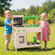 Kids Mud Kitchen Play Pretend Kitchen w/ Chalkboard Stoves Faucet Sink