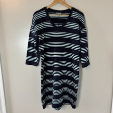 Talbots UPF 50+ Navy Striped Dress 3/4 Sleeve Cotton Modal V-neck Size Medium