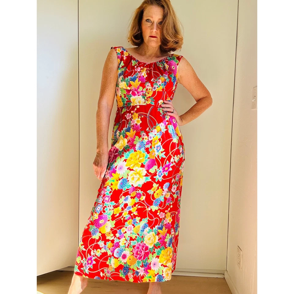 Vintage Andrade Womens Hawaiian Dress Size Sm4-6 Red Floral Tropical Print Maxi - Image 4 of 4