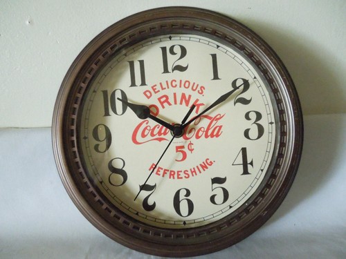 Vintage Style Coca Cola Quartz Wall Clock 10" Diameter Brown Frame w/ Glass Lens - Picture 1 of 11