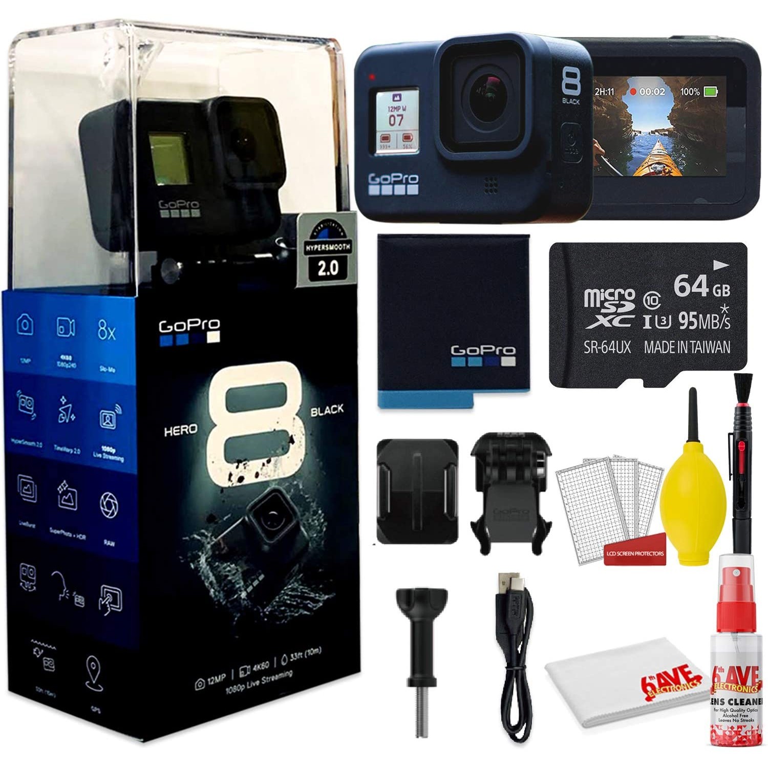 Цифровая экшн-камера GoPro HERO8 Black - С набором для чистки и ухода + 64 ГБ памяти