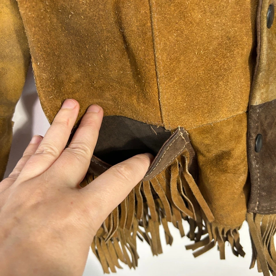 Suede Fringe Patchwork Jacket Youth 10 Brown Western Boho Folkcore 70s Leather - Image 2 of 4