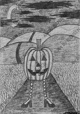 ACEO Original Cute Pumpkin Halloween Autumn Pencil Graphite Art Naive Cute OOAK