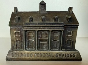1950s Banthrico Bank: Orlando Federal Savings Metal Coin Bank No Key