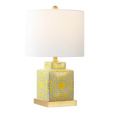22" Modern Ceramic Ginger Jar Table Lamp for Nightstand, Square Yellow/White