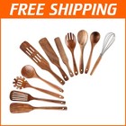 Complete 11-Piece Teak Wooden Utensils Set with Bonus Holder - Ideal for Cooks
