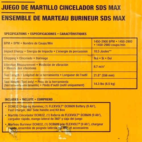 DEWALT DCH832X1 60V MAX inalámbrico 15 lb SDS Max kit de martillos astillados - Imagen 3 de 4
