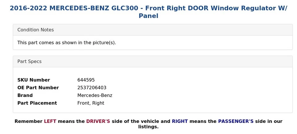 2016-2022 MERCEDES-BENZ GLC300 - Front Right DOOR Window Regulator W/ Panel - Image 4 of 4