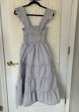 Quince Organic Cotton Poplin Smocked Midi Dress Stripe Gray White Ruffle Small