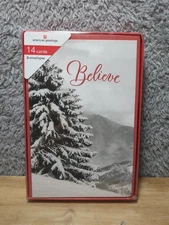 American Greetings 14 Cards In Envelope "Believe" Glitter Snowflocked Tree
