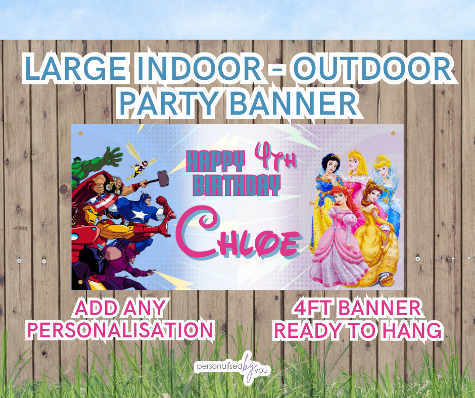 Póster personalizado de superhéroes y princesas INTERIOR EXTERIOR CUMPLEAÑOS 4 pies
