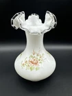 Vintage Fenton Milk Glass Silver Crest Handpainted Pink Roses 7.5” Vase