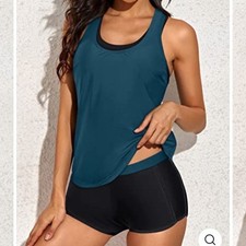 YONIQUE 3 Piece Tankini Short Swimsuit Teal Racerback Athletic Swimwear NEW