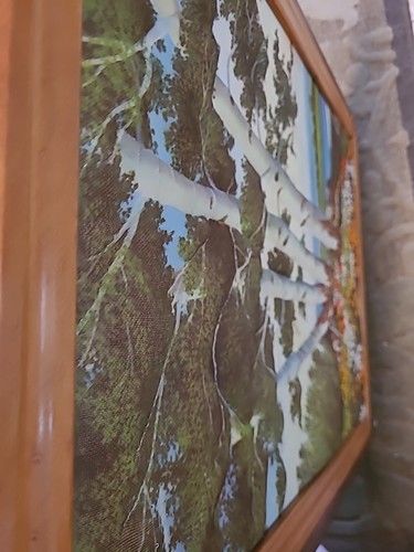 Embroidered 3D Puffy Outdoor Scene Trees Flowers Water Framed Art - Picture 14 of 15