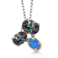 925 Silver and 10K Yellow Gold Green Mystic Topaz and Fancy Blue Zirconia