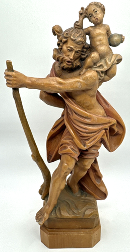Saint St Christopher Holding Baby Jesus Anri Wood Carved Statue Italy 10"