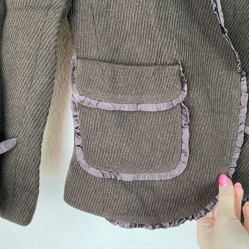 Blazer De Colección Rebecca Taylor 4 Lana Volantes Romántico Marrón Oscuro Academia Pana Foto 4 de 4