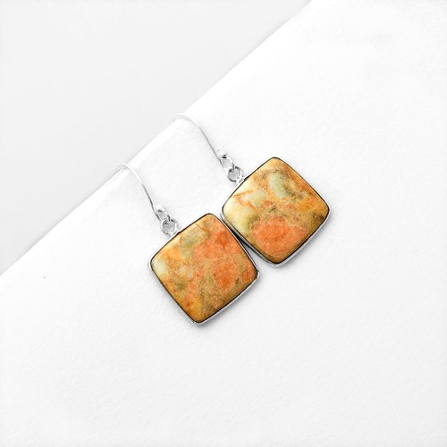 Pendientes de plata de ley 925 de jaspe coral natural joyería E-1001 - Imagen 3 de 5