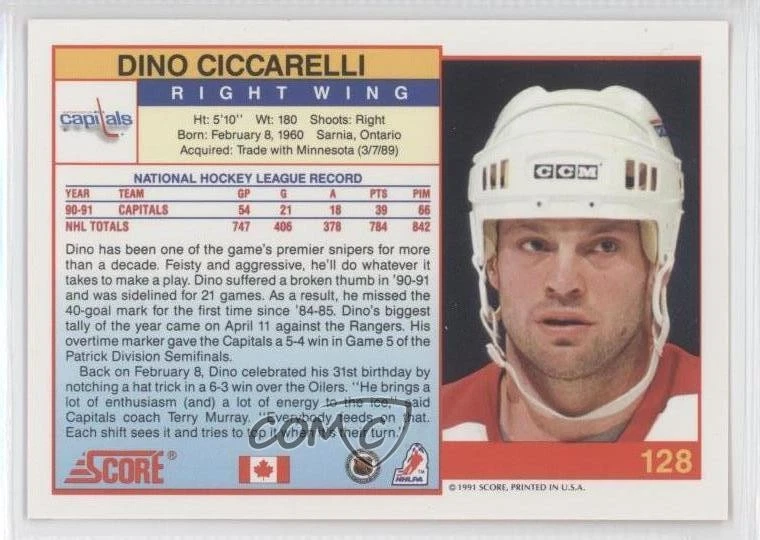 1991-92 Score Canadian Dino Ciccarelli #128 HOF - Image 2 of 2