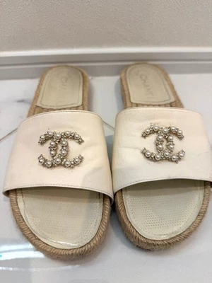 CHANEL Sandales Chaussures Espadrille Cocomark EU 37 US 7 Blanc Authentique - Photo 1/4