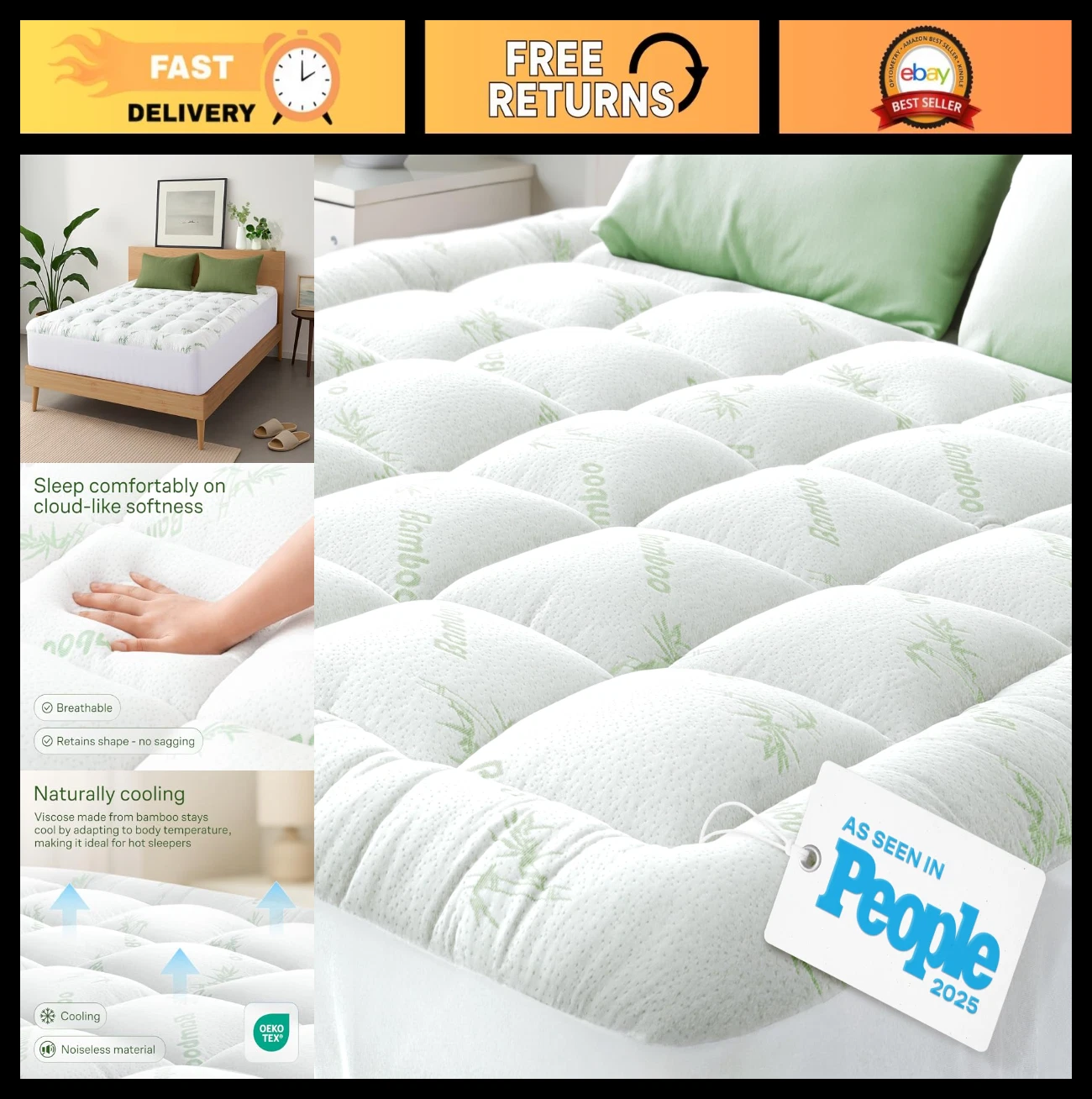 Ultra Soft Full Size Mattress Topper - Bamboo Pillow Top Pad for Back Pain Relie