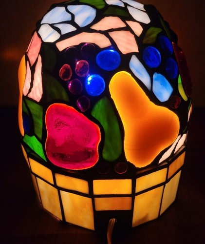 Vtg TABLE LAMP Stain Glass Shade Fruit Pear Apple Night Light (Ting Shen?) - Picture 7 of 19