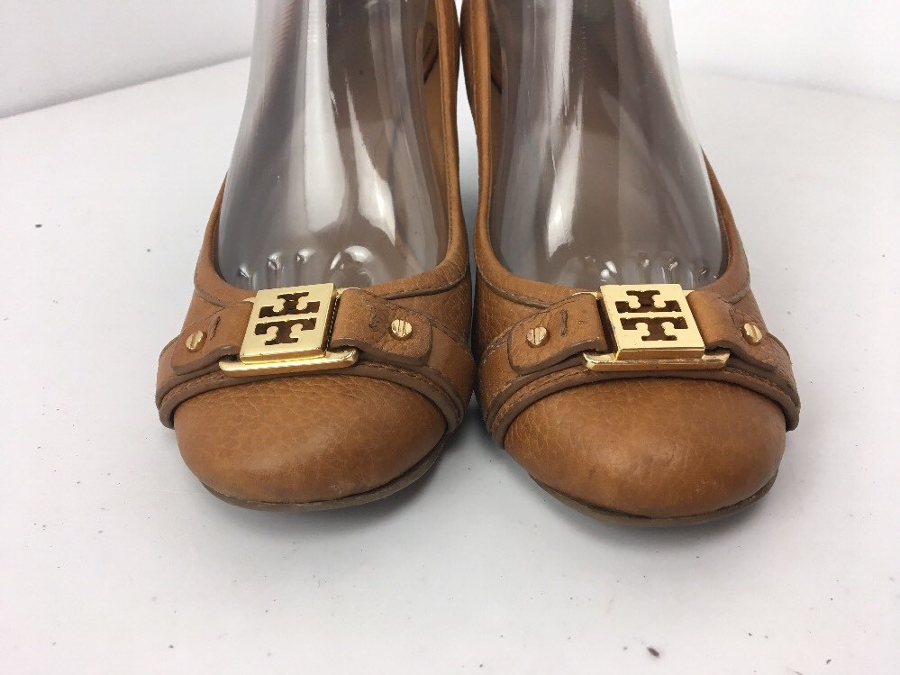 Tory Burch Cognac braun braun braun Leather Pump Peep Toe Wood Wedge Gold Emblem -8.5M 30e018 Tory Burch Cognac braun braun braun Leather Pump Peep Toe Wood Wedge Gold Emblem -8.5M 30e018