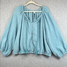 Cato Top 26/28 Blue Popover Casual Boho Balloon Sleeve tassels boxy loose fit 4X