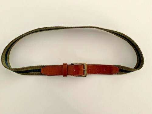 Mens Leather Canvas Webbing Brass Buckle Belt Olive Navy Size Medium - Picture 4 of 5