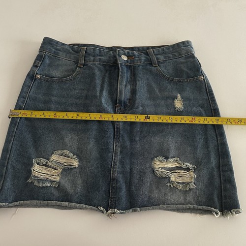 Wax Jean Denim A-Line Mini Skirt Distressed Raw Hem Cotton Pockets Sz L Blue EUC - Picture 8 of 9