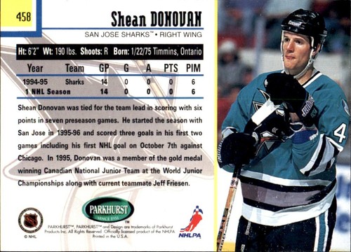 1995-96 Parkhurst International #458 Shean Donovan SAN JOSE SHARKS - Picture 2 of 2